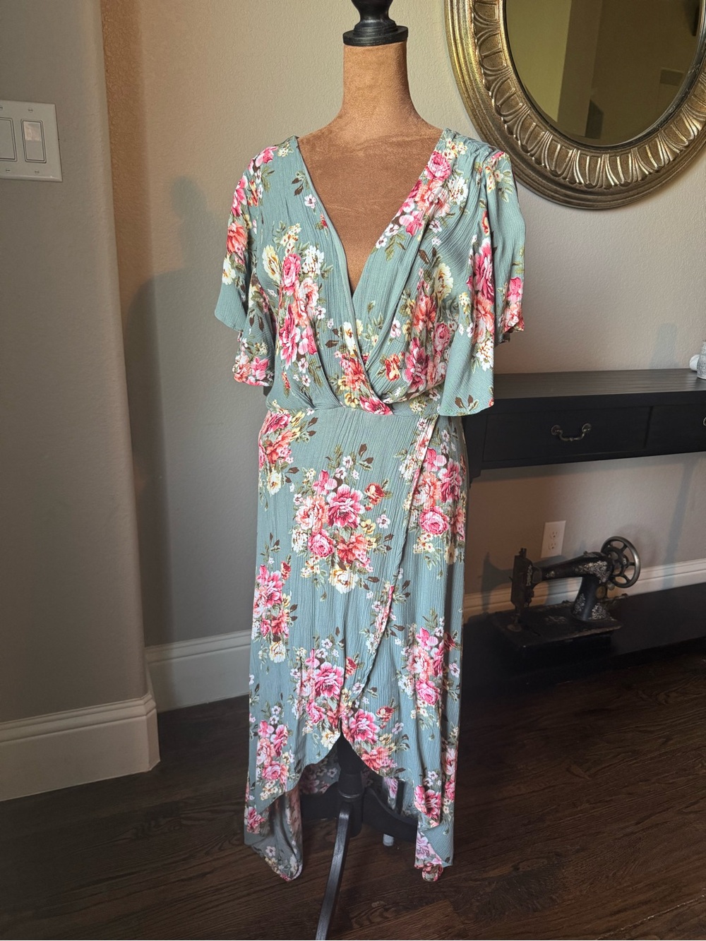 Azalosie Sage Green Floral Faux Wrap Midi Dress XL Flutter Sleeve Tulip Hem Boho